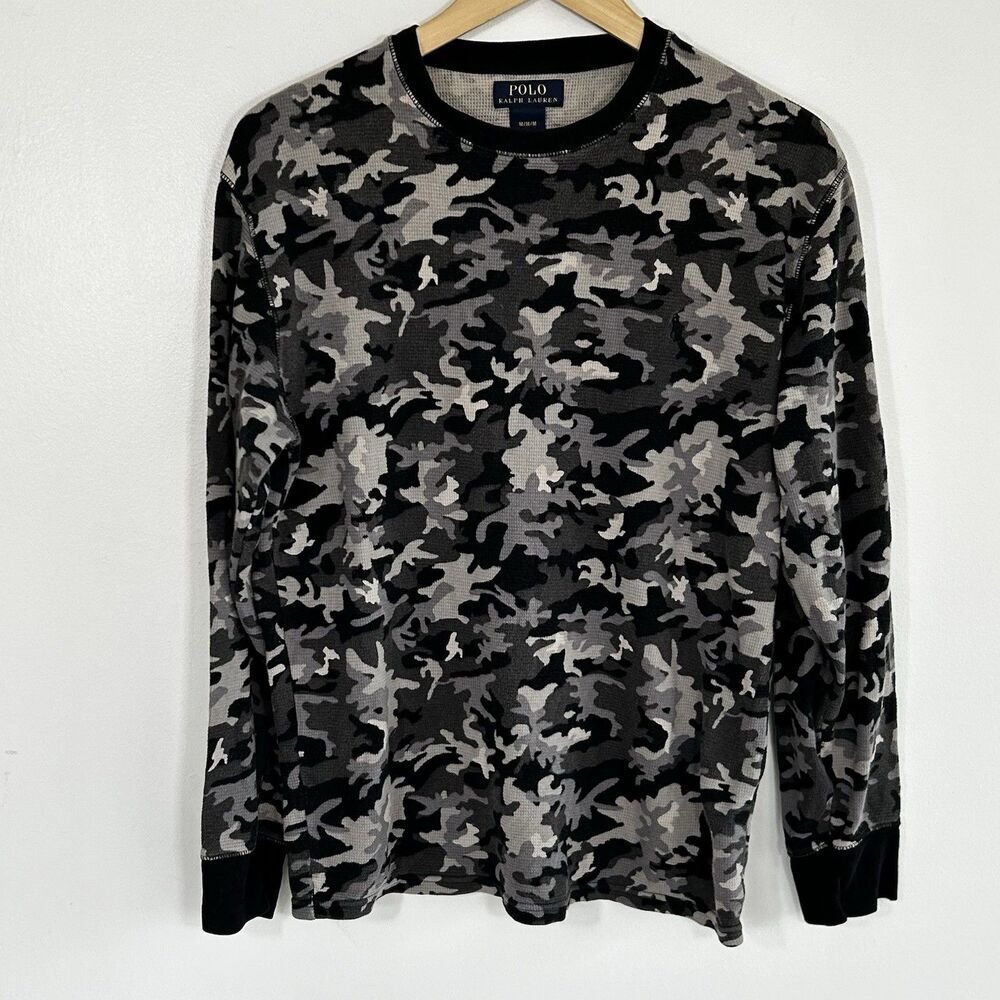 Men's Polo Ralph Lauren Waffle Weave Thermal Shirt Size Medium Camo Black Grey - Picture 2 of 9